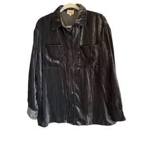 Bibi Button Up Top Women's Medium Grey Long Sleeve Shiny Krinkle Velvet Boho